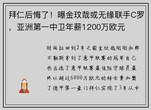 拜仁后悔了！曝金玟哉或无缘联手C罗，亚洲第一中卫年薪1200万欧元